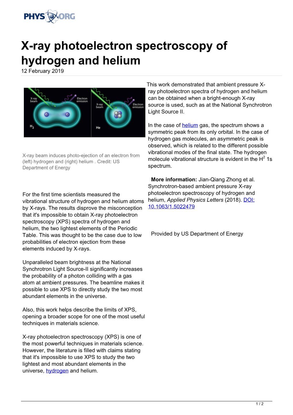 X-Ray Photoelectron Spectroscopy of Hydrogen and Helium 12 February 2019