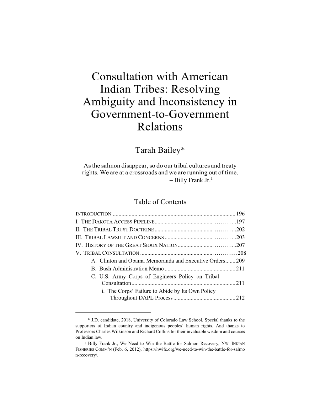 Consultation with American Indian Tribes: Resolving Ambiguity and Inconsistency in Government-To-Government Relations