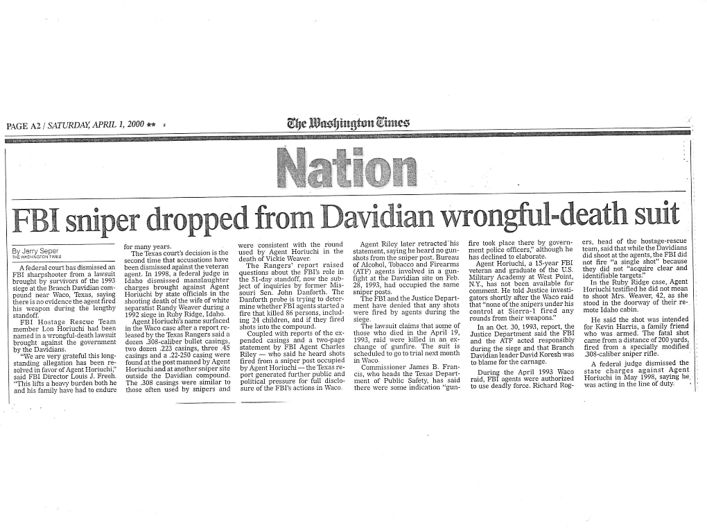 FBI Sniper Dropped from Davidian Wrongful-Death Suit