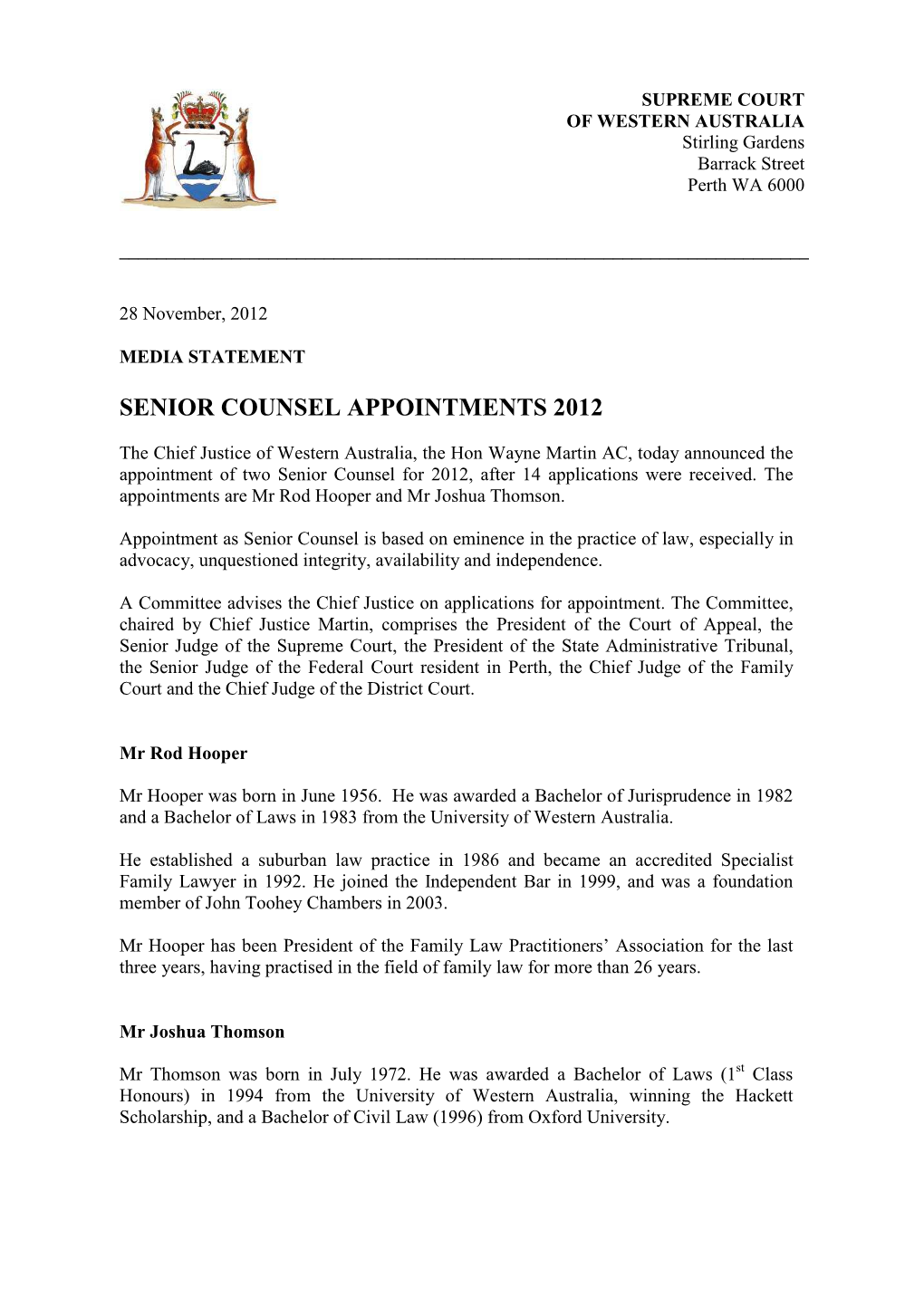 Senior Counsel Appointments 2012