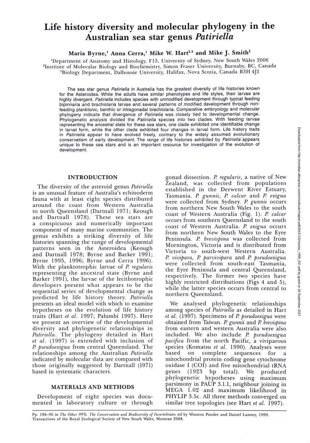 Life History Diversity and Molecular Phylogeny in the Australian Sea Star Genus Patiriella