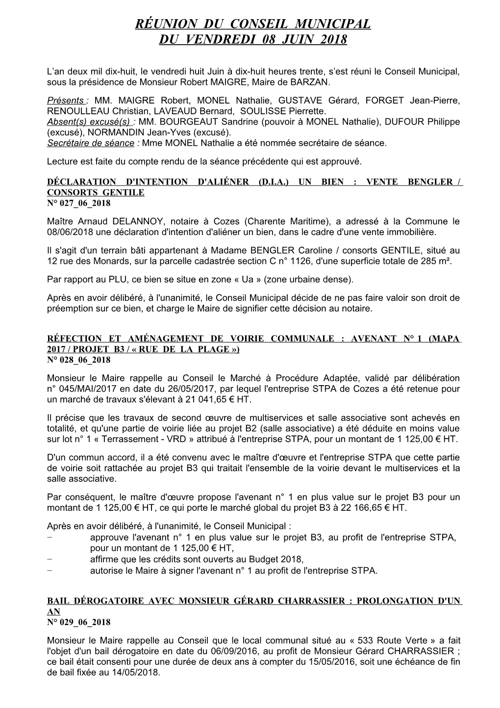 Réunion Du Conseil Municipal Du Vendredi 08 Juin 2018