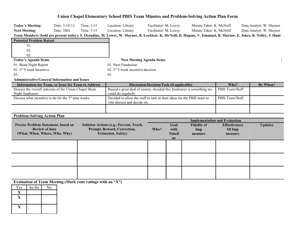 Union Chapel Elementary School PBIS Team Minutes and Problem-Solving Action Plan Form