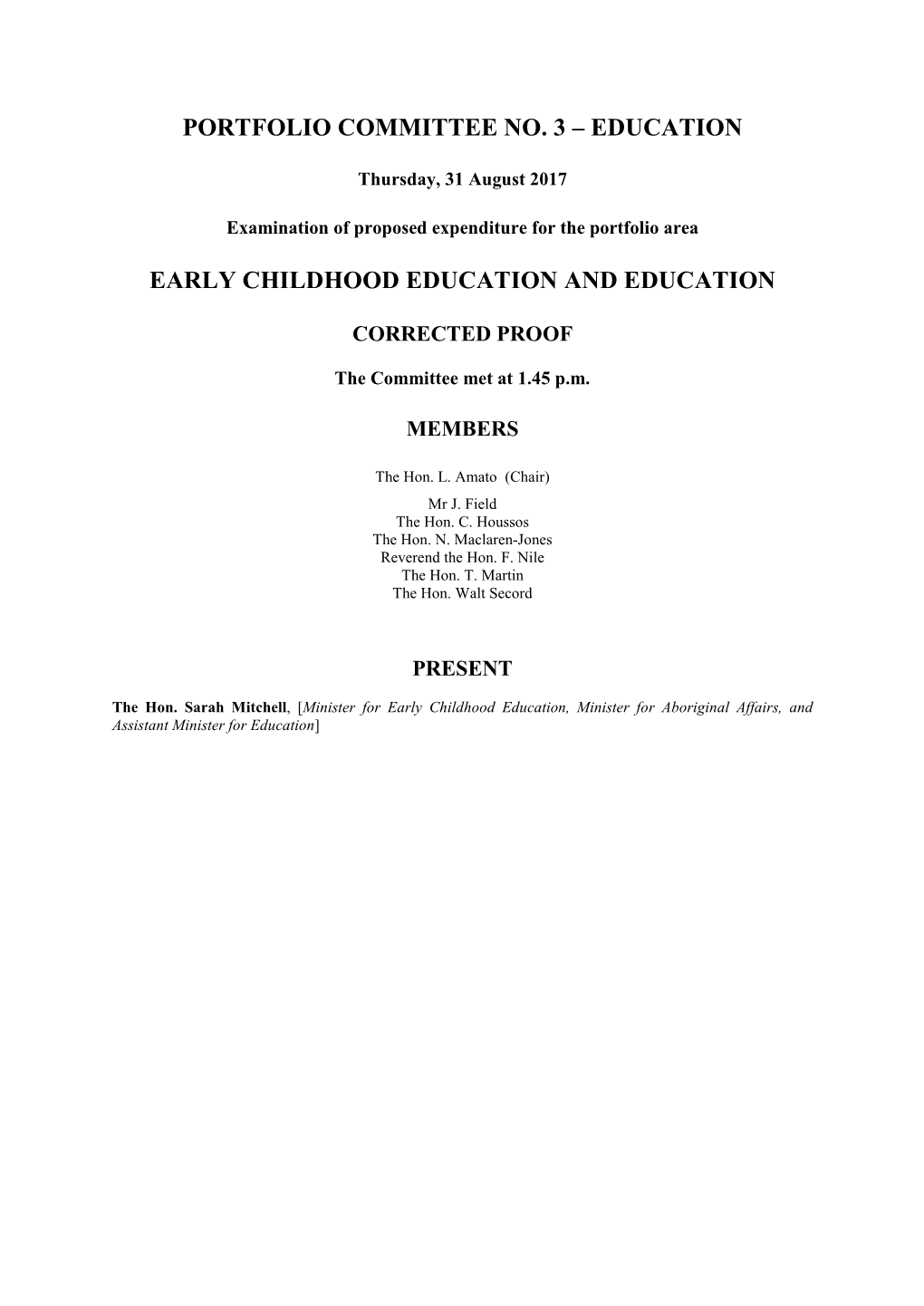 Portfolio Committee No. 3 – Education Early Childhood