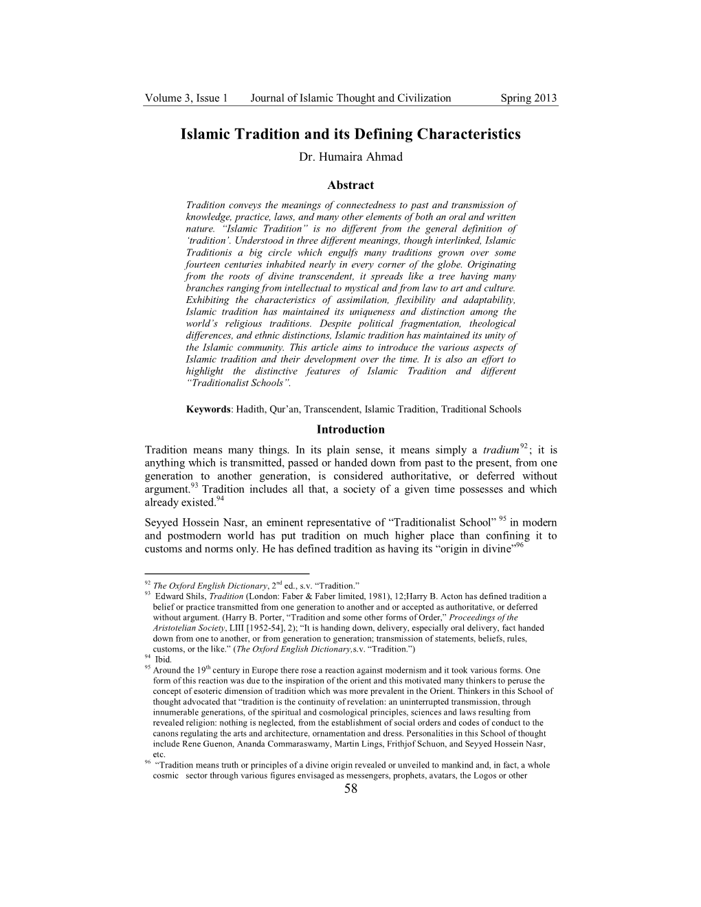 Islamic Tradition and Its Defining Characteristics Dr