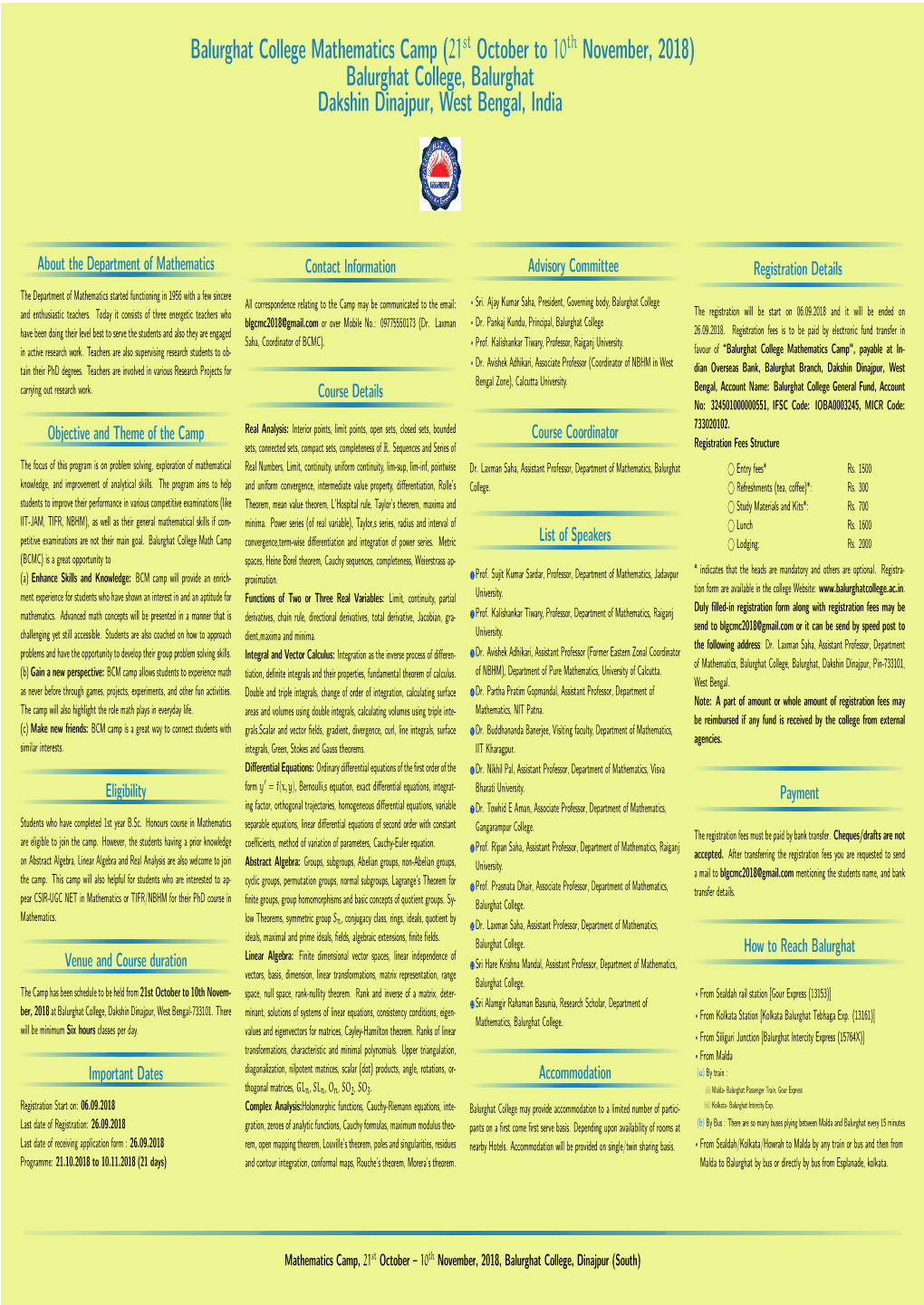 Balurghat College Mathematics Camp (21St October to 10Th November, 2018) Balurghat College, Balurghat Dakshin Dinajpur, West Bengal, India