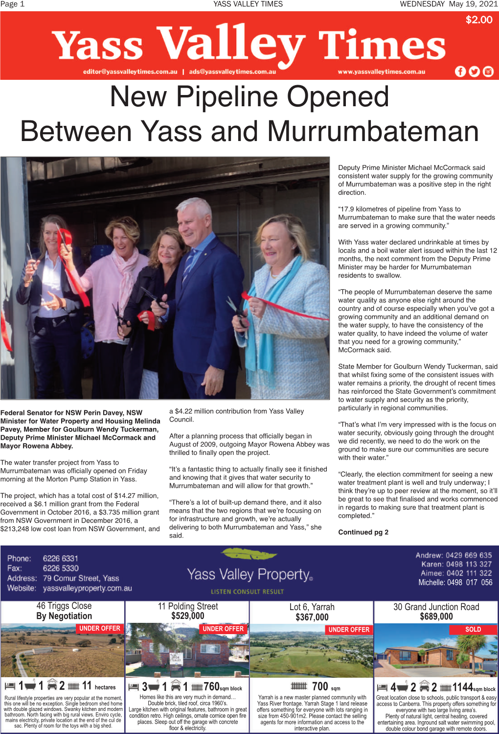 New Pipeline Opened Between Yass and Murrumbateman