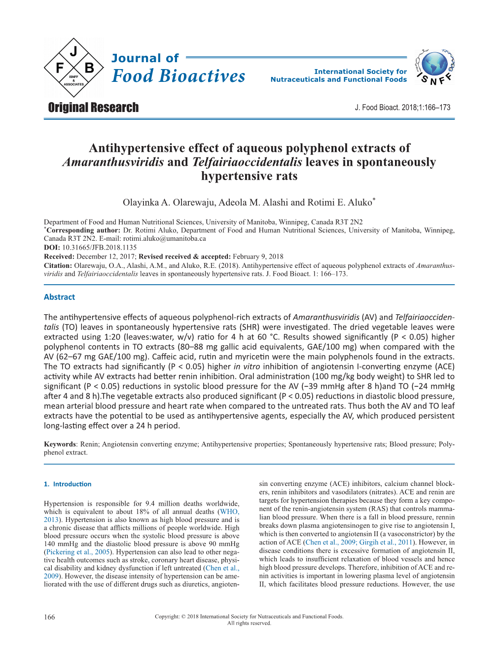 Antihypertensive Effect of Aqueous Polyphenol Extracts of ﻿Amaranthusviridis﻿ and ﻿Telfairiaoccidentalis﻿ Leaves in Spon