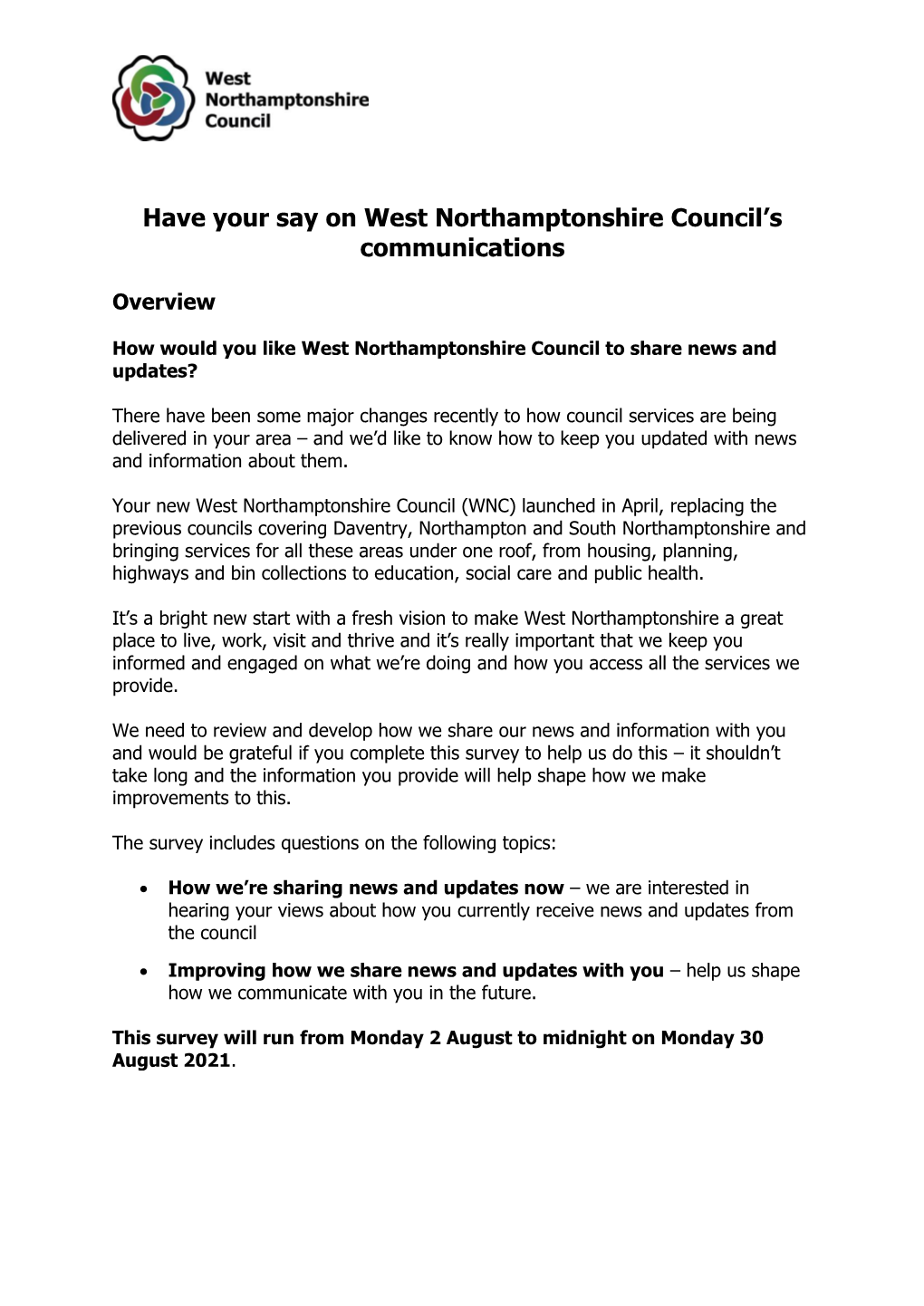 Have Your Say on West Northamptonshire Council's