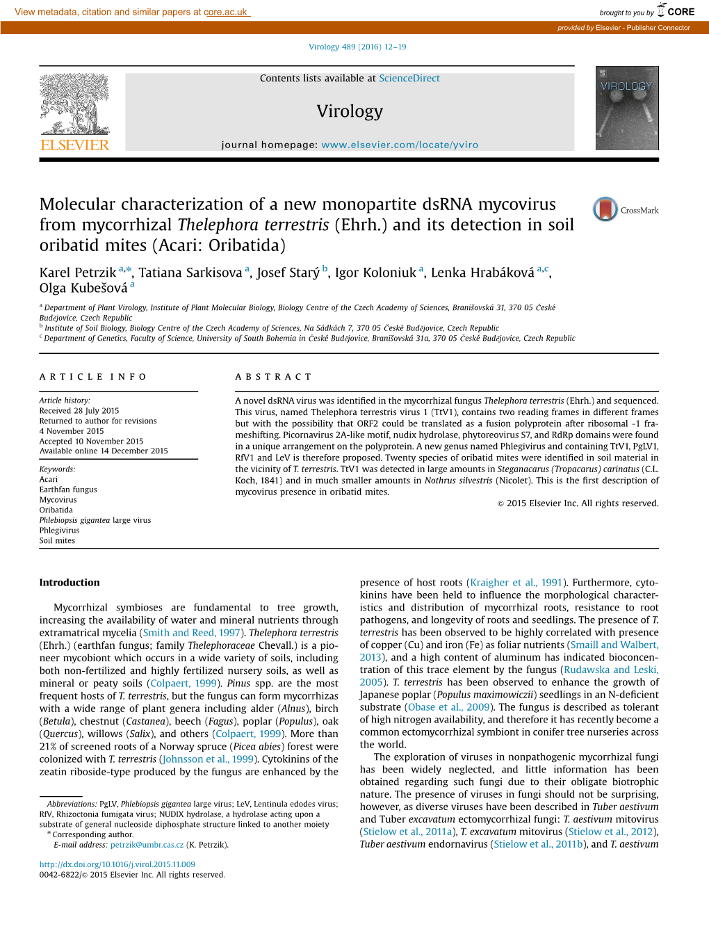 Molecular Characterization of a New Monopartite Dsrna Mycovirus from Mycorrhizal Thelephora Terrestris