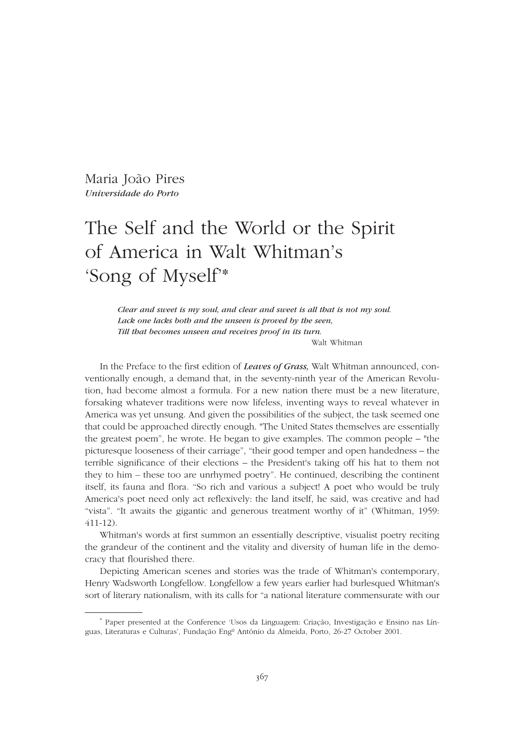 The Self and the World Or the Spirit of America in Walt Whitman's 'Song of Myself'*