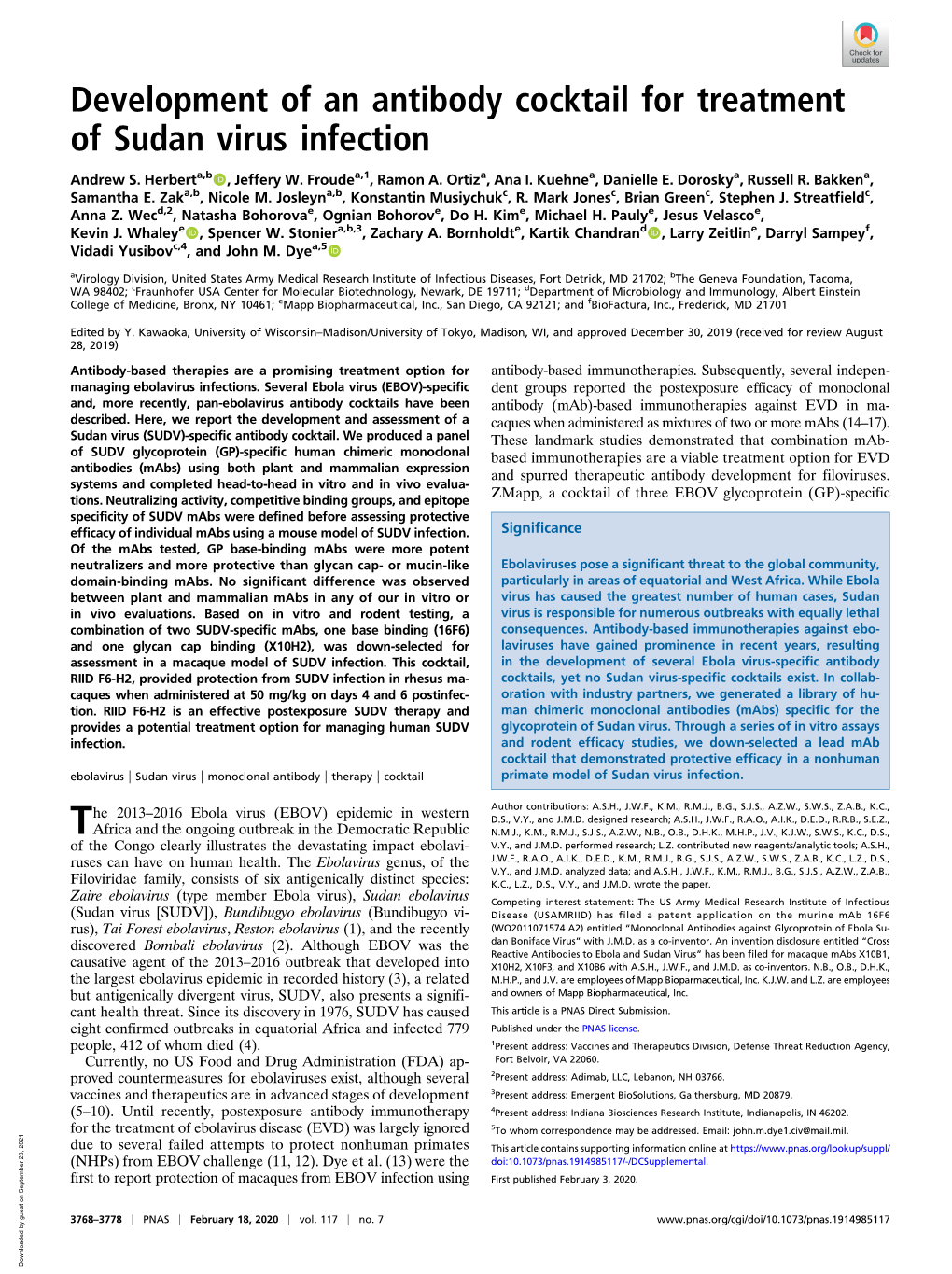 Development of an Antibody Cocktail for Treatment of Sudan Virus Infection