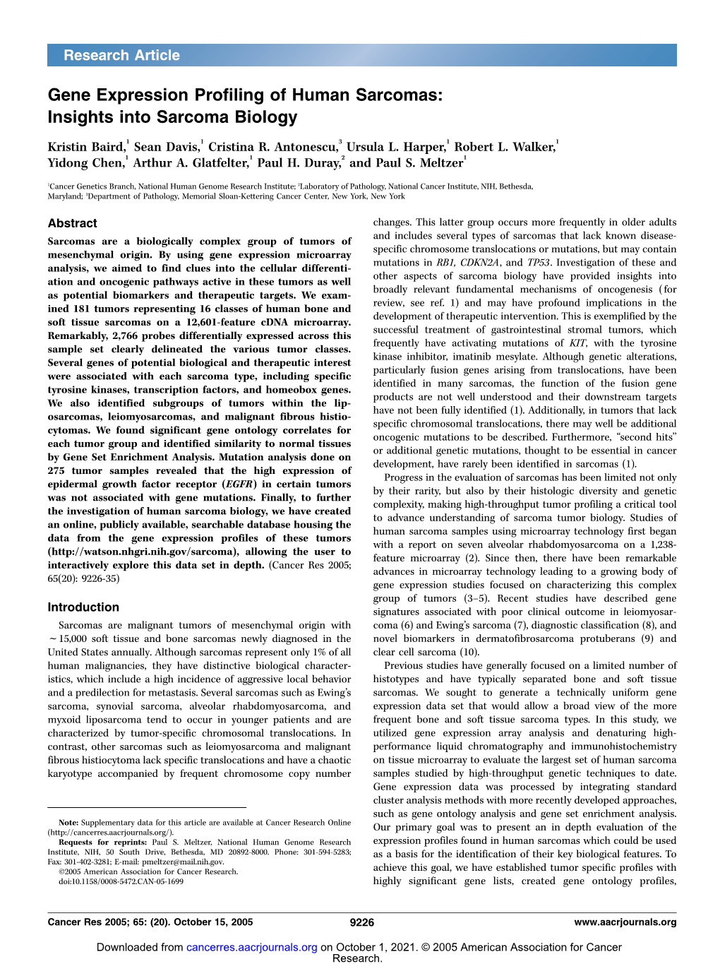 Gene Expression Profiling of Human Sarcomas: Insights Into Sarcoma Biology