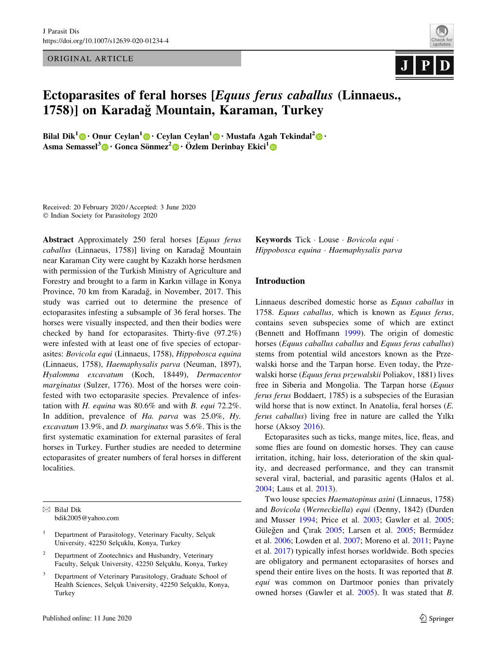 Ectoparasites of Feral Horses [Equus Ferus Caballus (Linnaeus., 1758)] on Karadag˘ Mountain, Karaman, Turkey