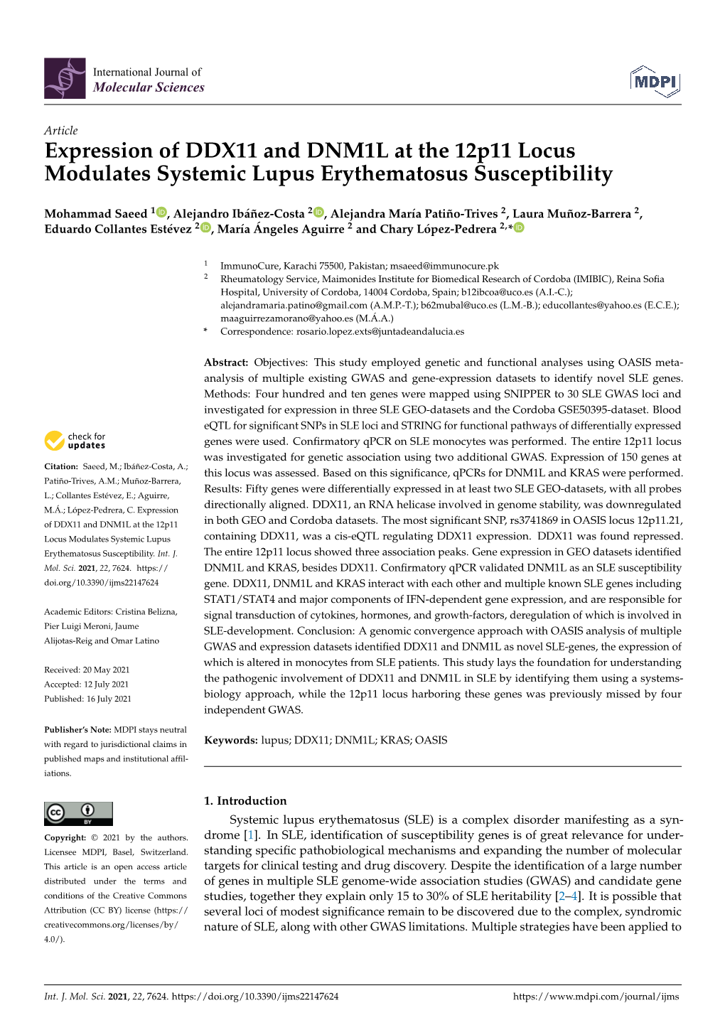 Expression of DDX11 and DNM1L at the 12P11 Locus Modulates Systemic Lupus Erythematosus Susceptibility