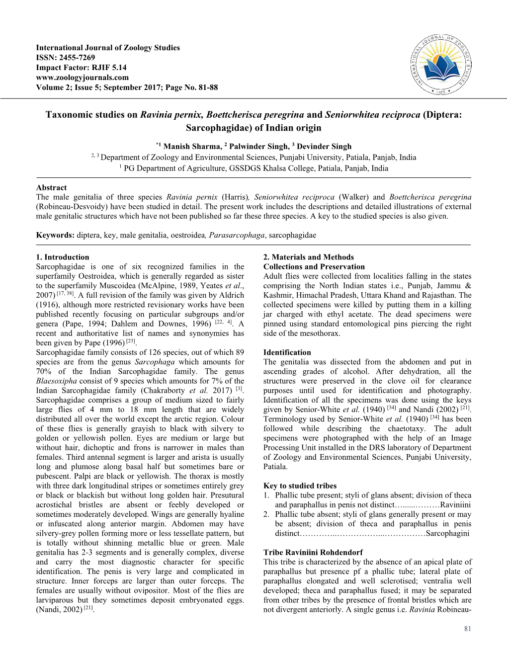 Taxonomic Studies on Ravinia Pernix, Boettcherisca Peregrina and Seniorwhitea Reciproca (Diptera: Sarcophagidae) of Indian Origin