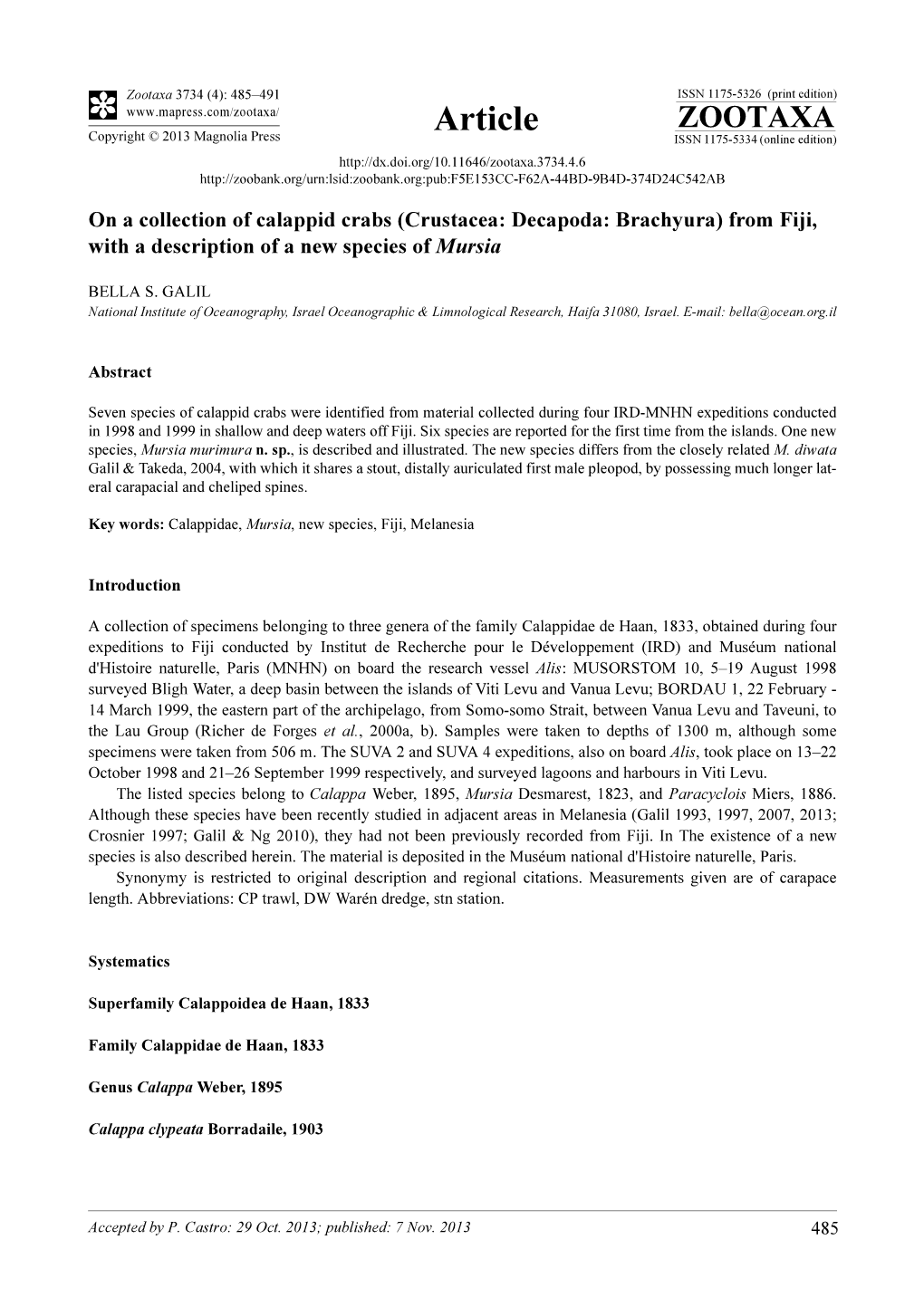 On a Collection of Calappid Crabs (Crustacea: Decapoda: Brachyura) from Fiji, with a Description of a New Species of Mursia