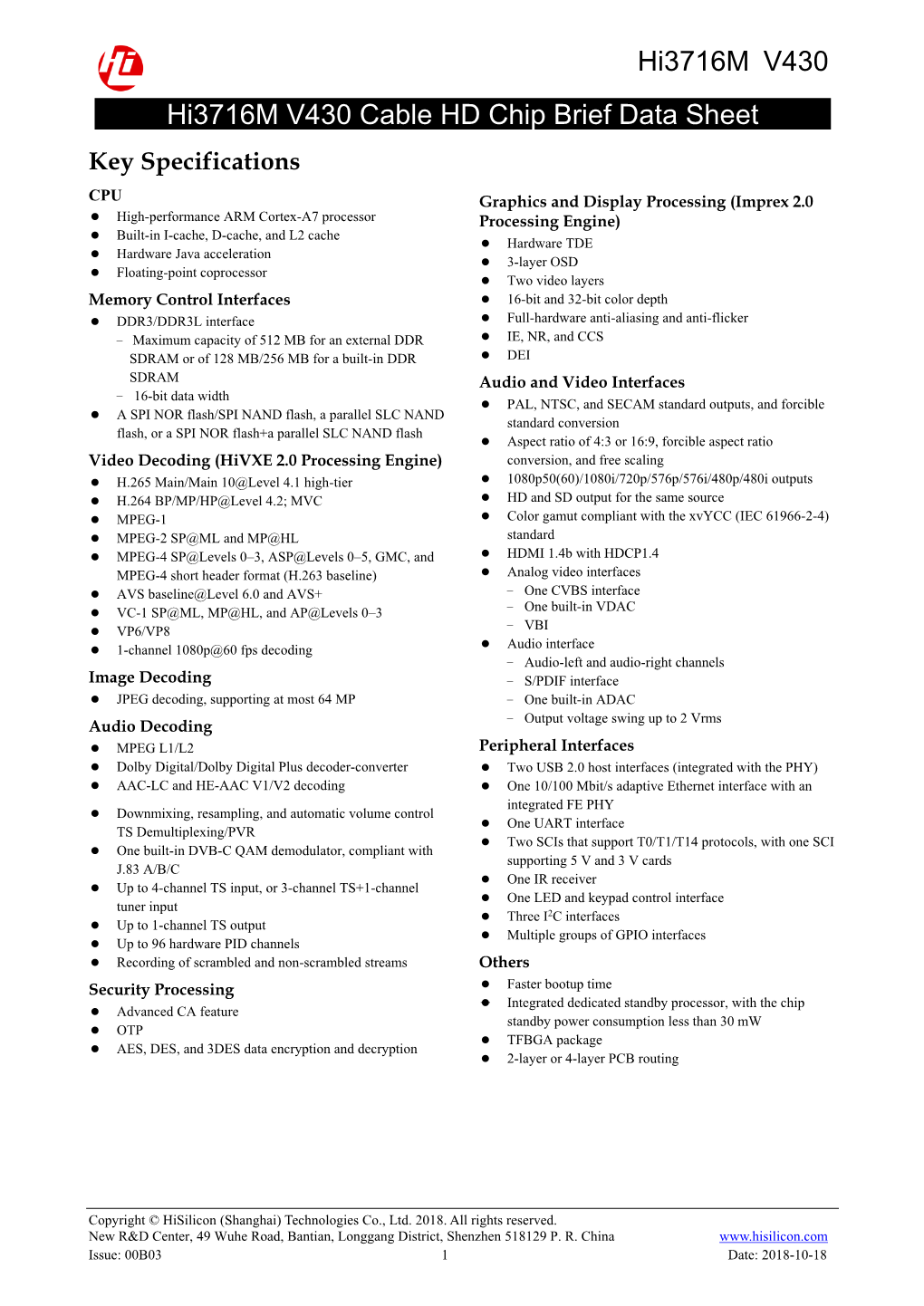 Hi3716m V430 Hi3716m V430 Cable HD Chip Brief Data Sheet