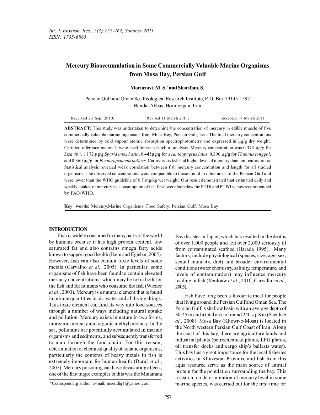 Mercury Bioaccumulation in Some Commercially Valuable Marine Organisms from Mosa Bay, Persian Gulf