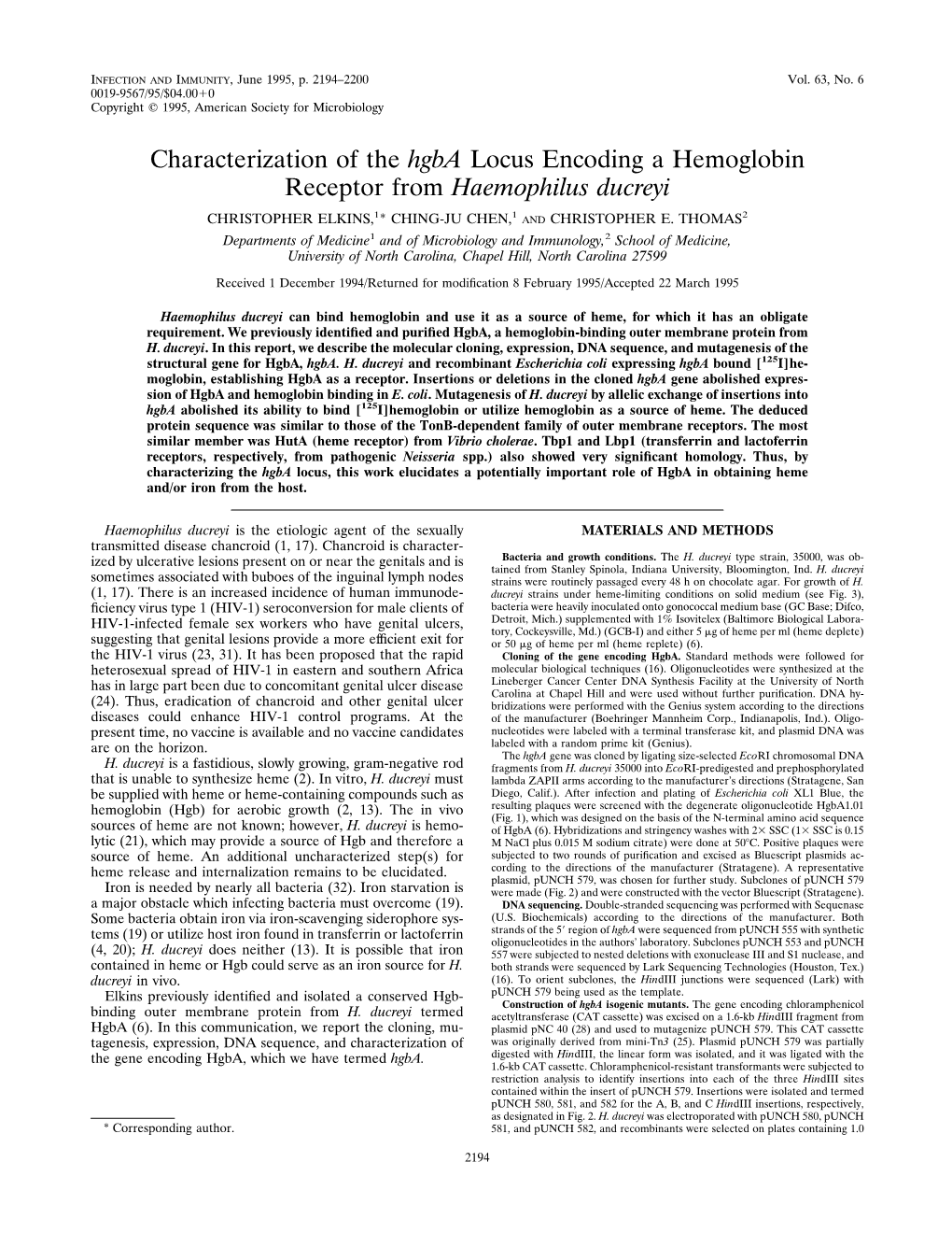 Characterization of the Hgba Locus Encoding a Hemoglobin Receptor from Haemophilus Ducreyi