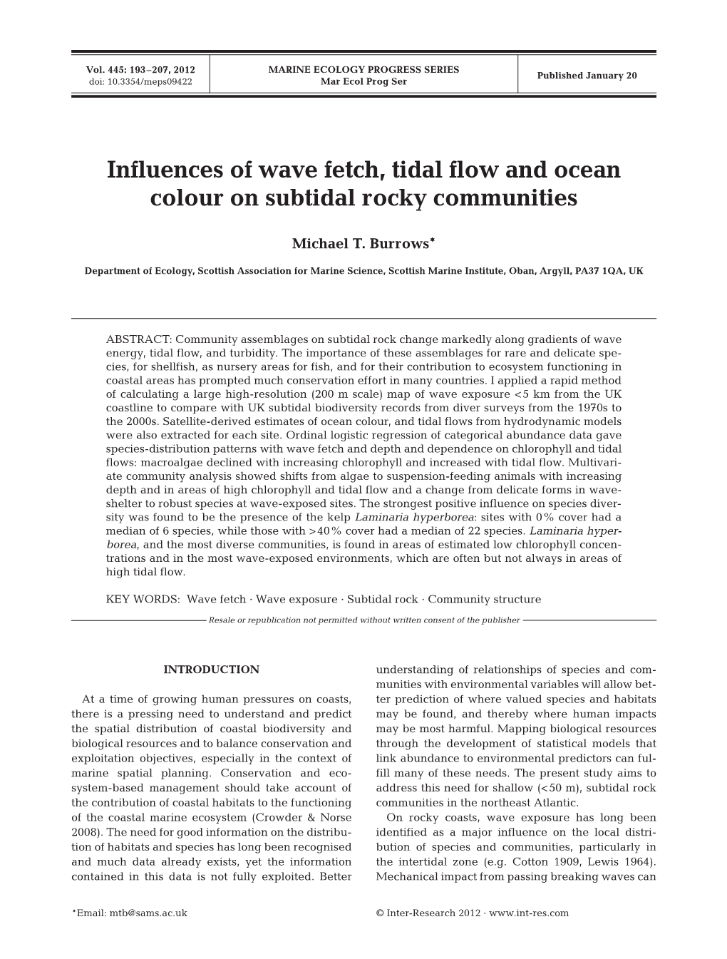 Influences of Wave Fetch, Tidal Flow and Ocean Colour on Subtidal Rocky Communities