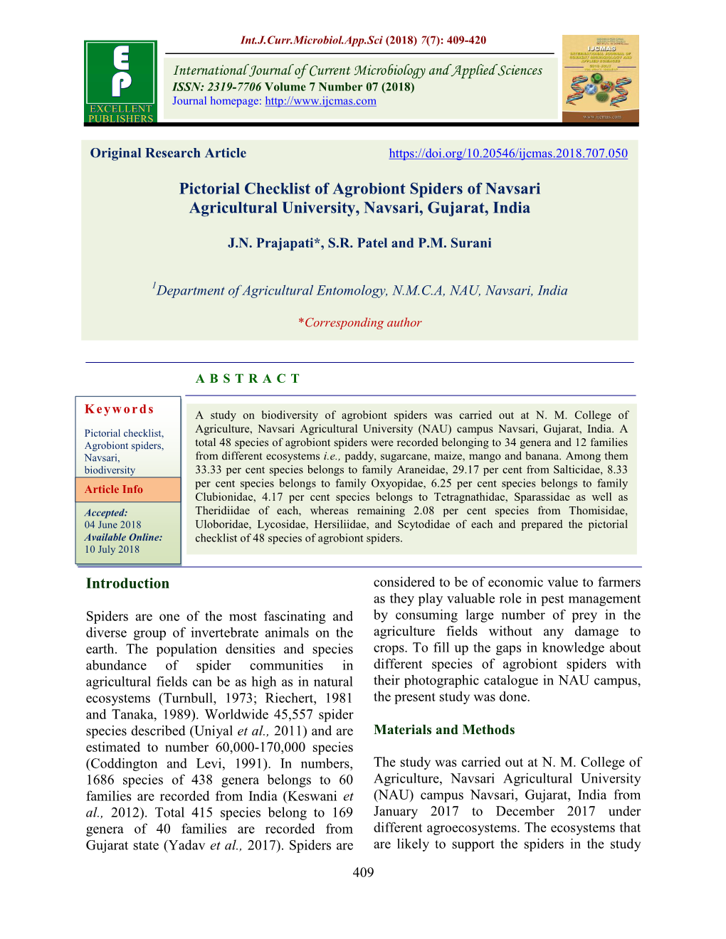 Pictorial Checklist of Agrobiont Spiders of Navsari Agricultural University, Navsari, Gujarat, India