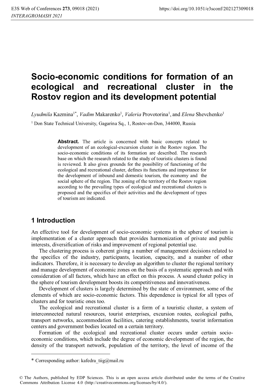 Socio-Economic Conditions for Formation of an Ecological and Recreational Cluster in the Rostov Region and Its Development Potential