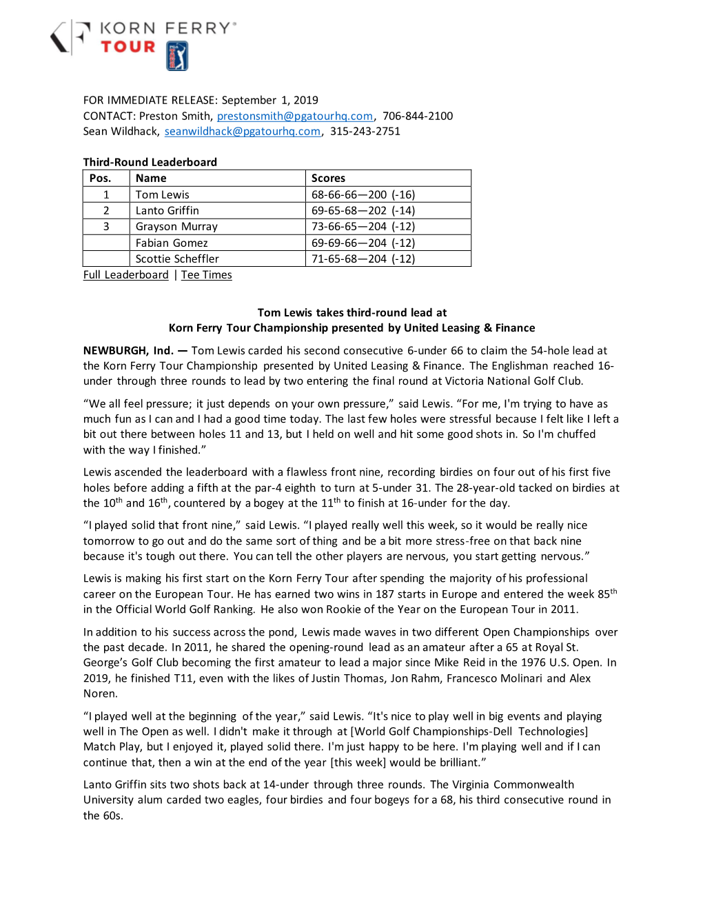 September 1, 2019 CONTACT: Preston Smith, Prestonsmith@Pgatourhq.Com, 706-844-2100 Sean Wildhack, Seanwildhack@Pgatourhq.Com, 315-243-2751