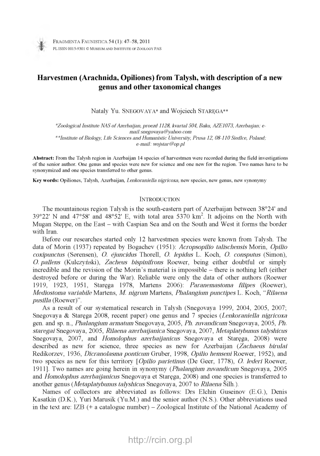 Harvestmen (Arachnida, Opiliones) from Talysh, with Description of a New Genus and Other Taxonomical Changes