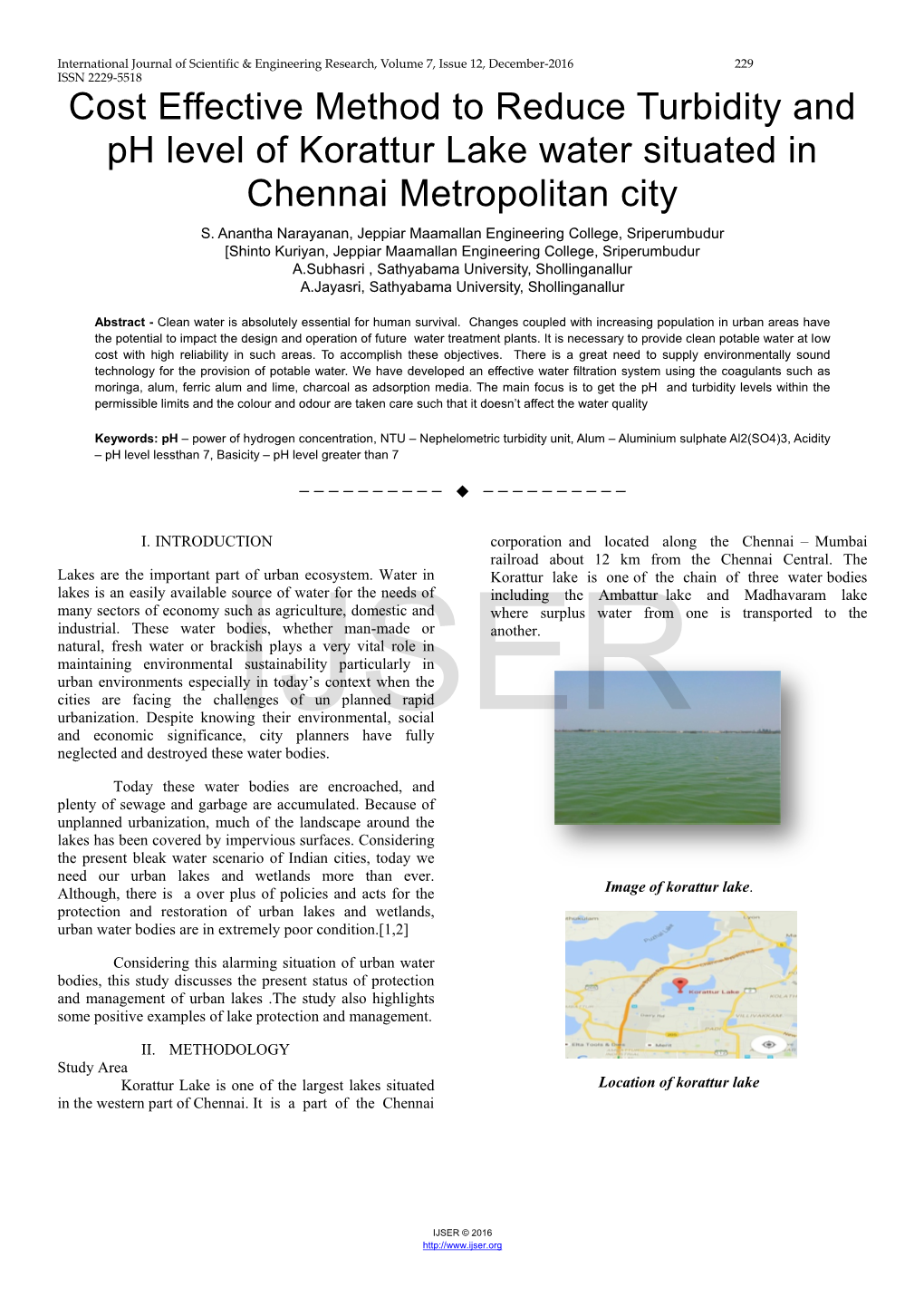 Cost Effective Method to Reduce Turbidity and Ph Level of Korattur Lake Water Situated in Chennai Metropolitan City S