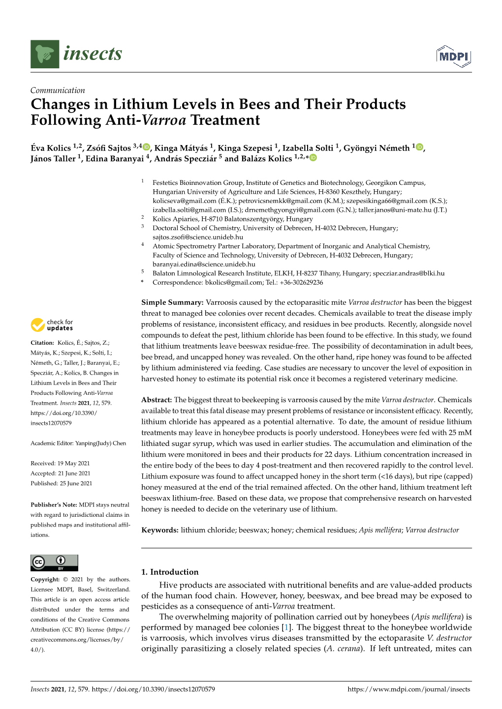 Changes in Lithium Levels in Bees and Their Products Following Anti-Varroa Treatment