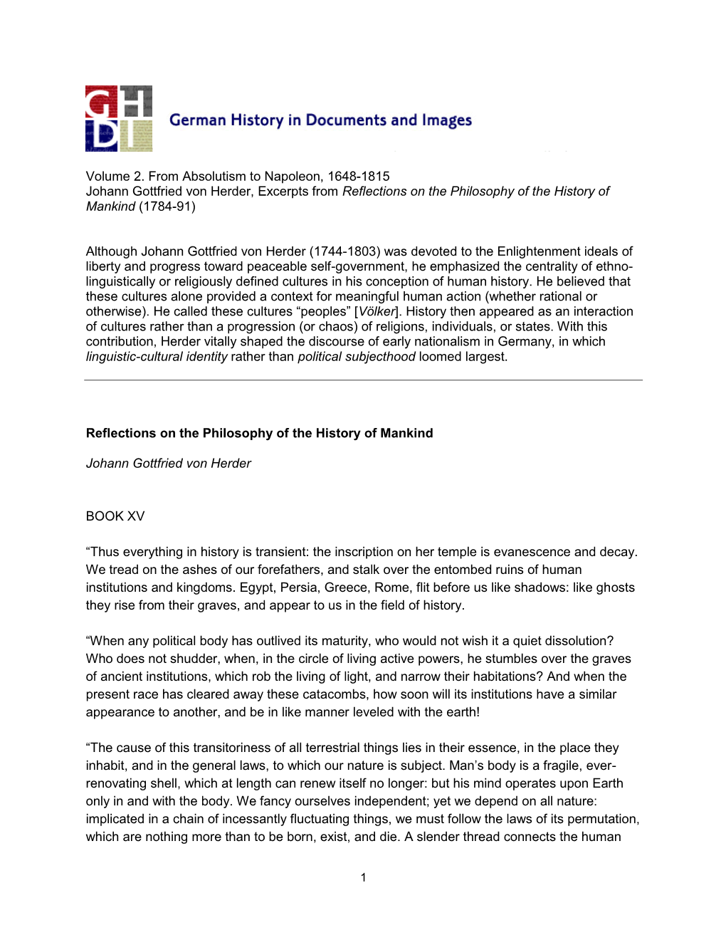 Volume 2. from Absolutism to Napoleon, 1648-1815 Johann Gottfried Von Herder, Excerpts from Reflections on the Philosophy of the History of Mankind (1784-91)