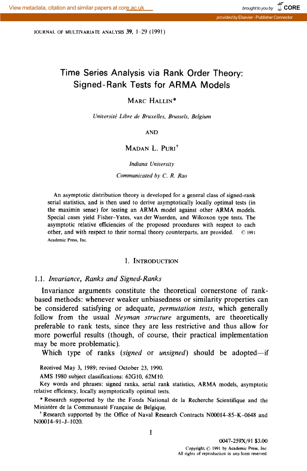 Signed-Rank Tests for ARMA Models