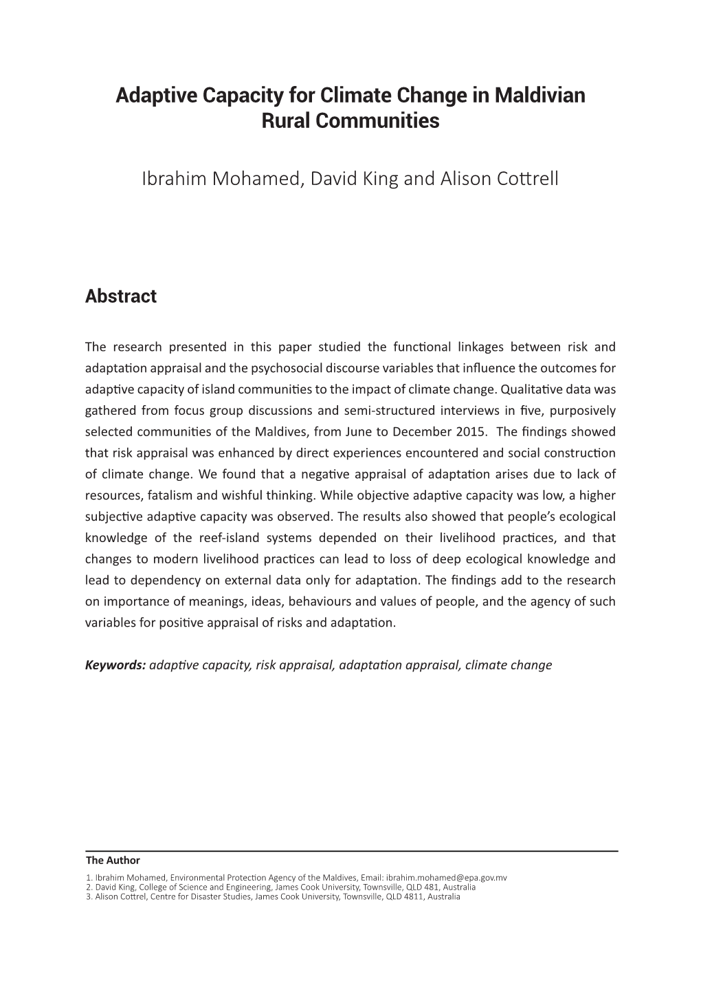 Adaptive Capacity for Climate Change in Maldivian Rural Communities
