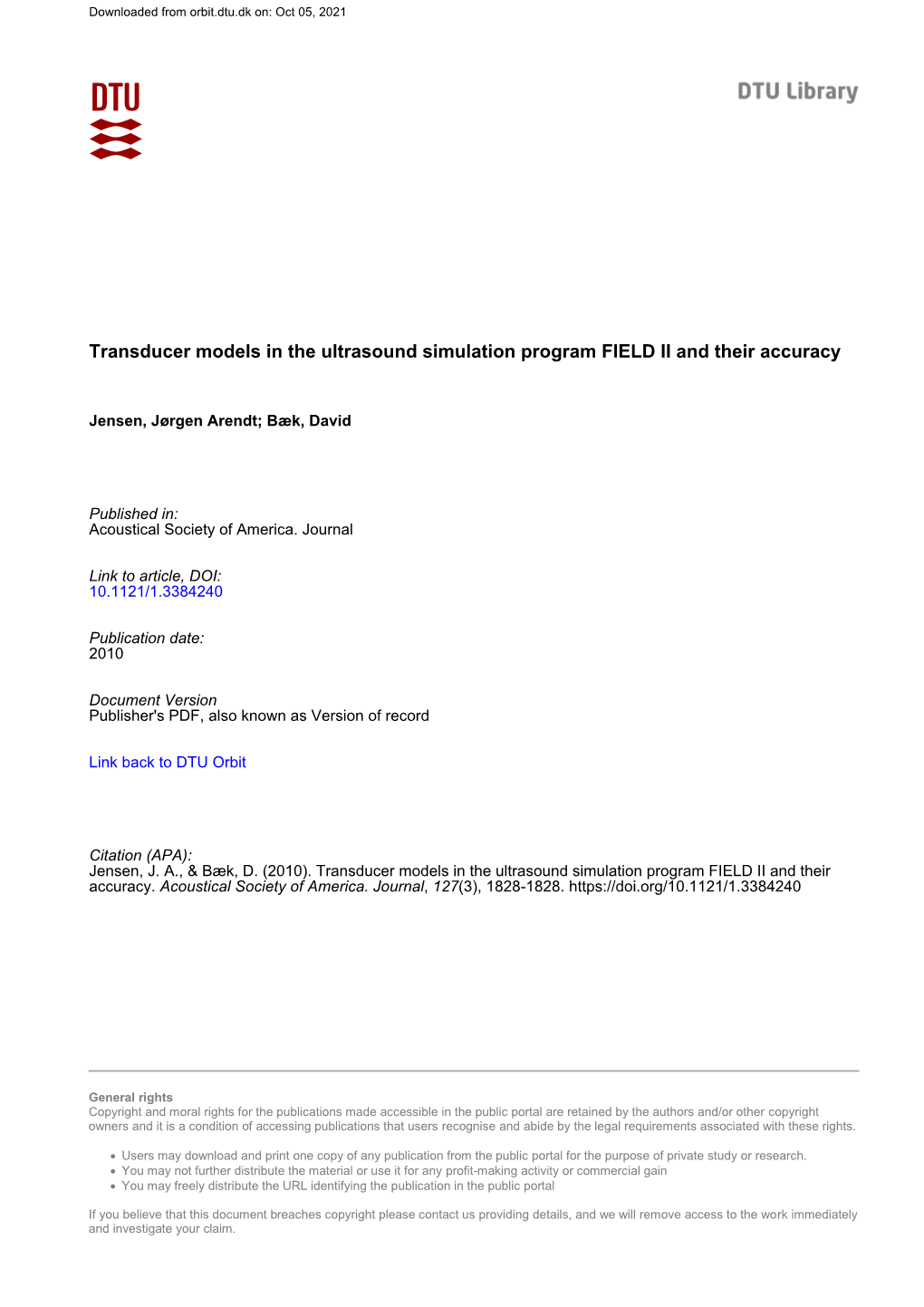 Transducer Models in the Ultrasound Simulation Program FIELD II and Their Accuracy