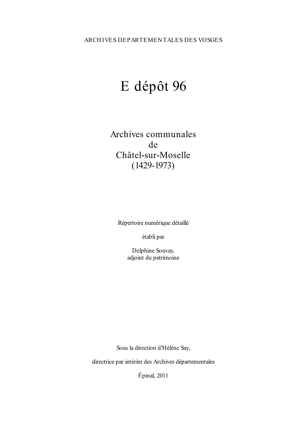 E Dépôt 96 Archives Communales De Châtel-Sur-Moselle