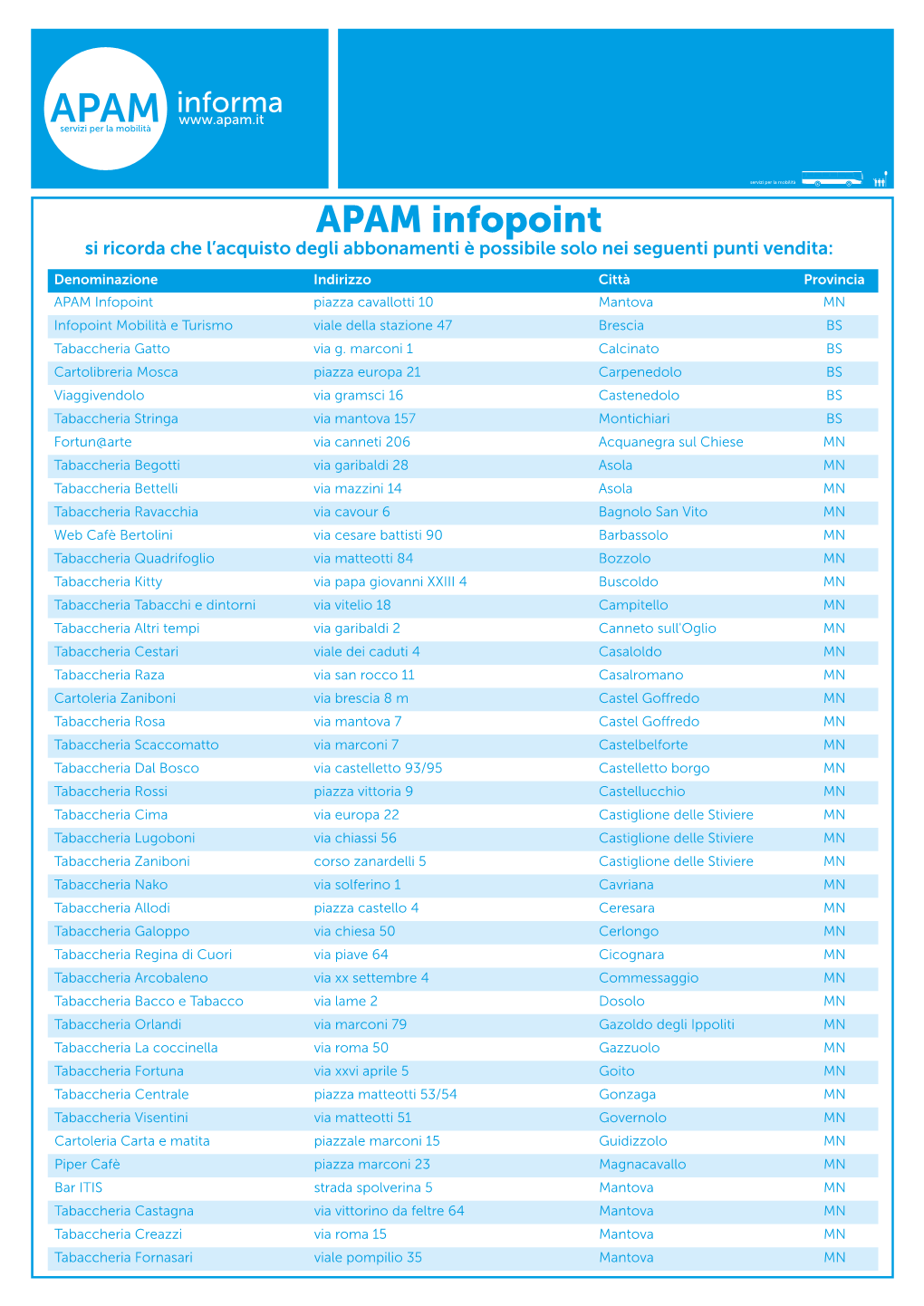 APAM Infopoint Si Ricorda Che L’Acquisto Degli Abbonamenti È Possibile Solo Nei Seguenti Punti Vendita