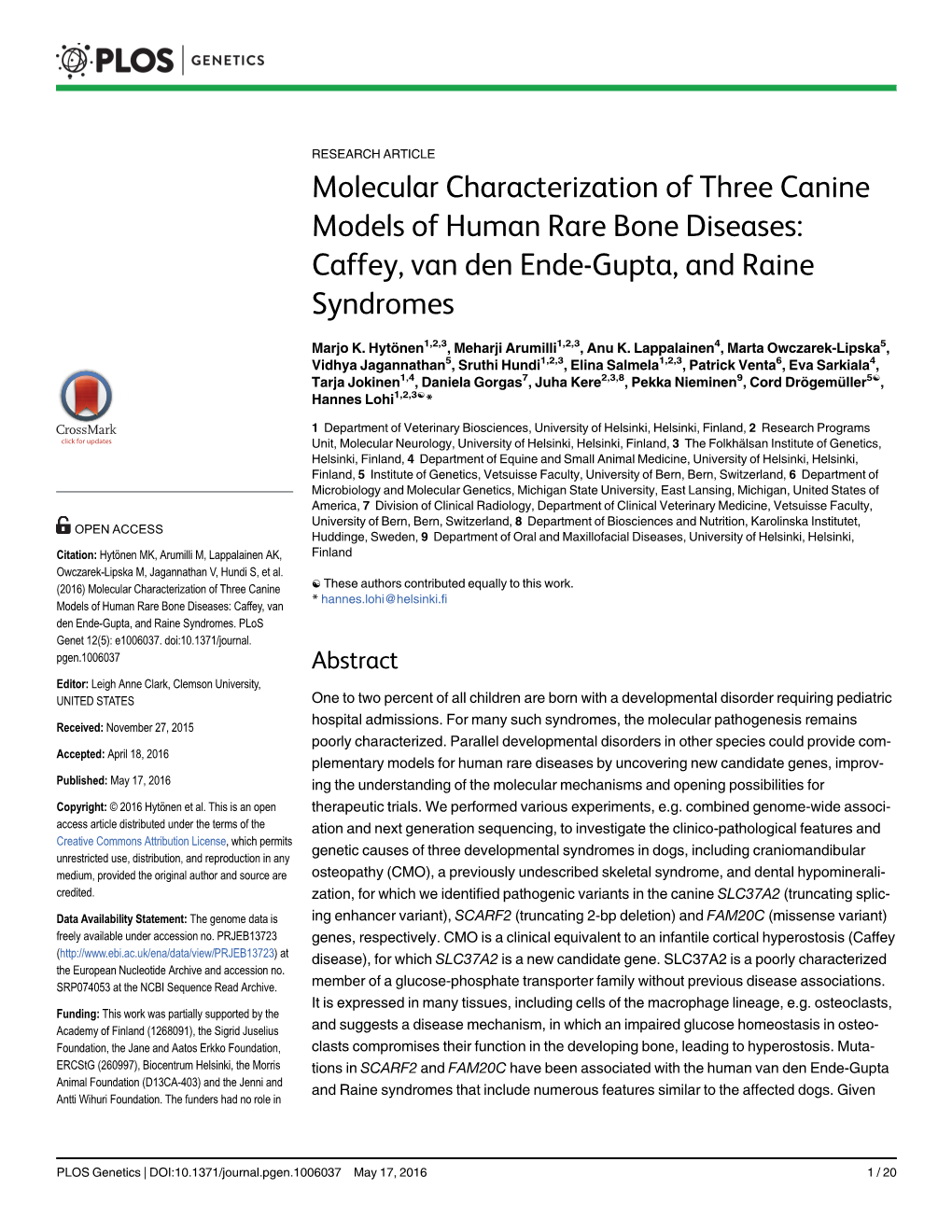 Molecular Characterization of Three Canine Models of Human Rare Bone Diseases: Caffey, Van Den Ende-Gupta, and Raine Syndromes