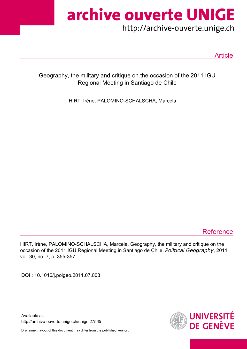 Geography, the Military and Critique on the Occasion of the 2011 IGU Regional Meeting in Santiago De Chile