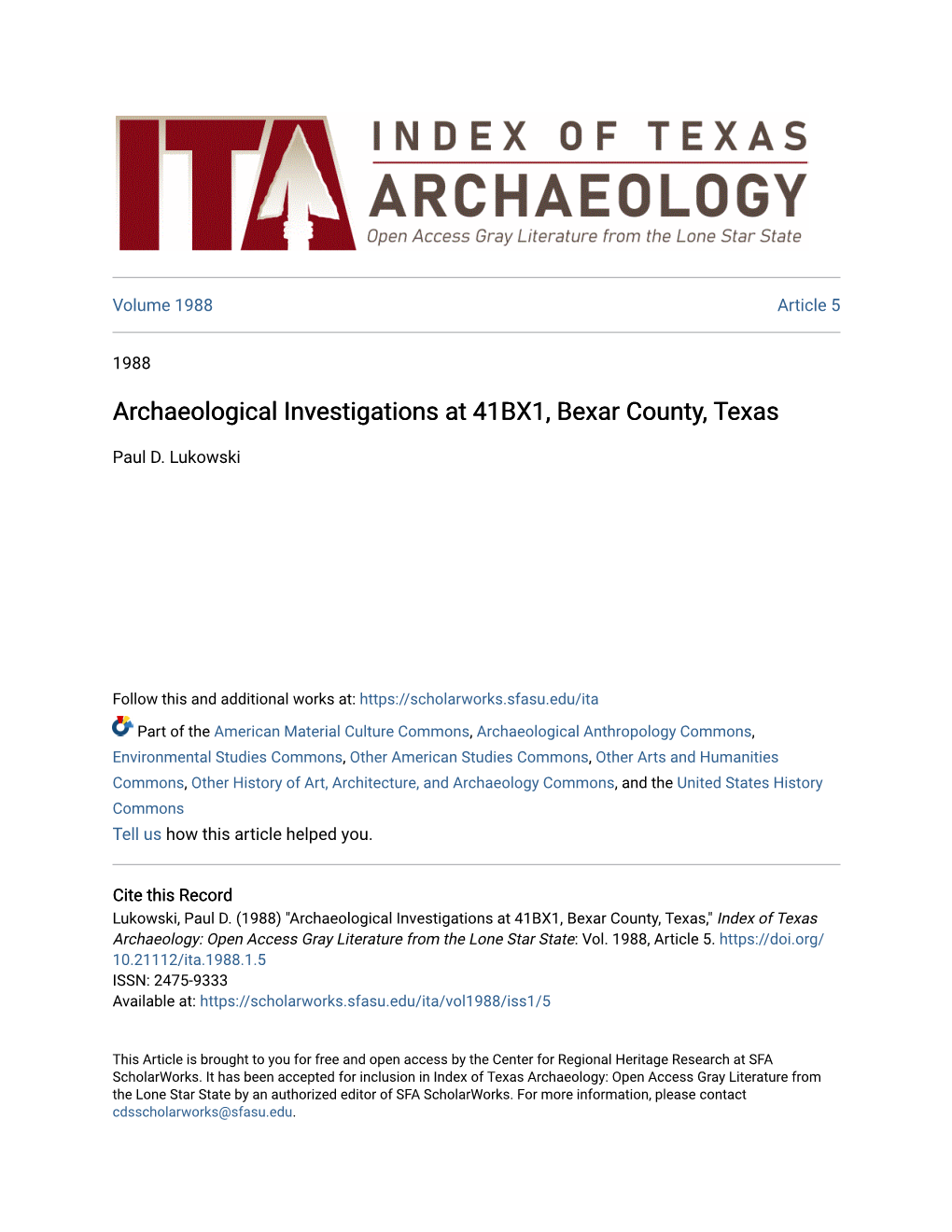 Archaeological Investigations at 41BX1, Bexar County, Texas