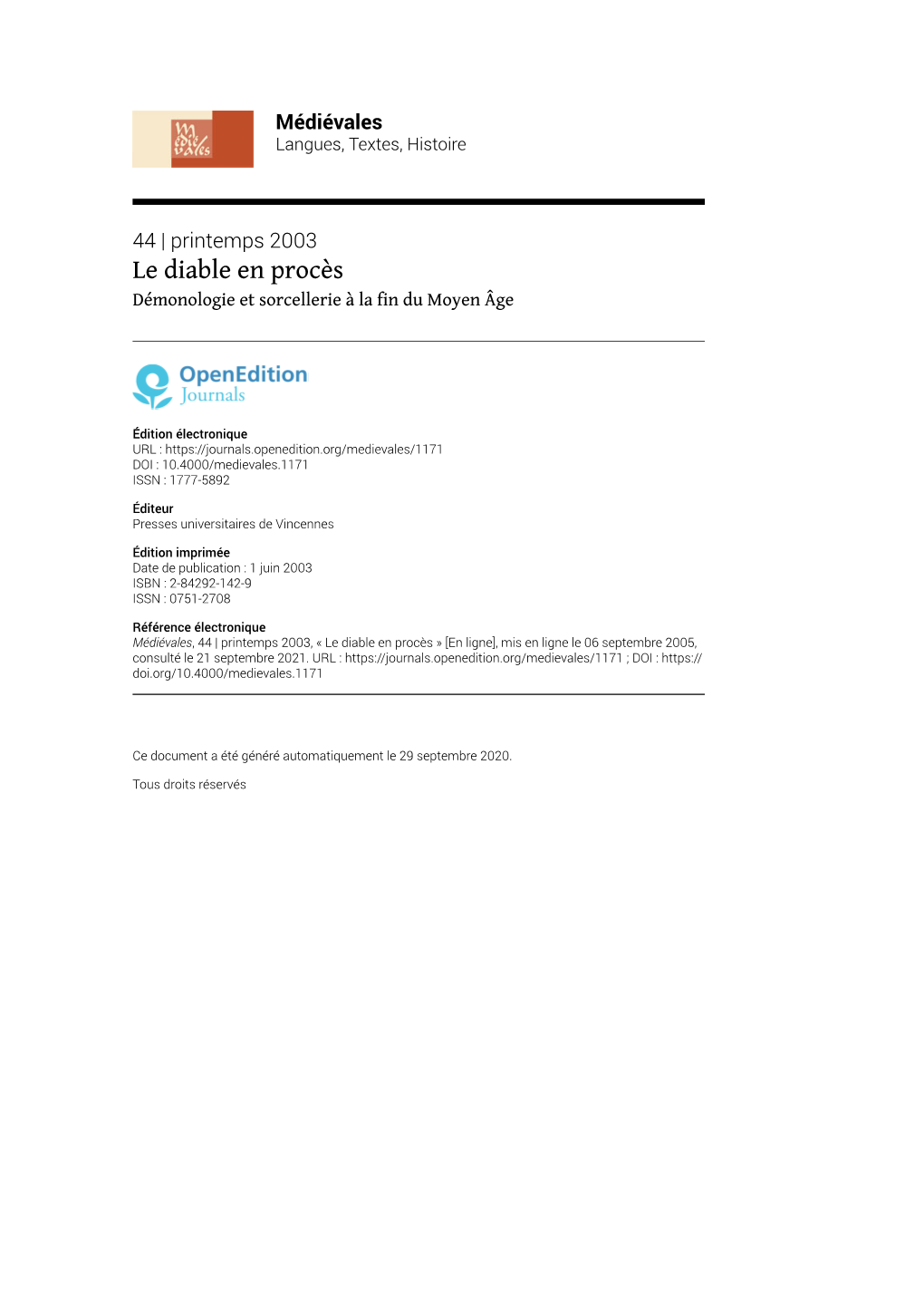 Médiévales, 44 | Printemps 2003, « Le Diable En Procès » [En Ligne], Mis En Ligne Le 06 Septembre 2005, Consulté Le 21 Septembre 2021