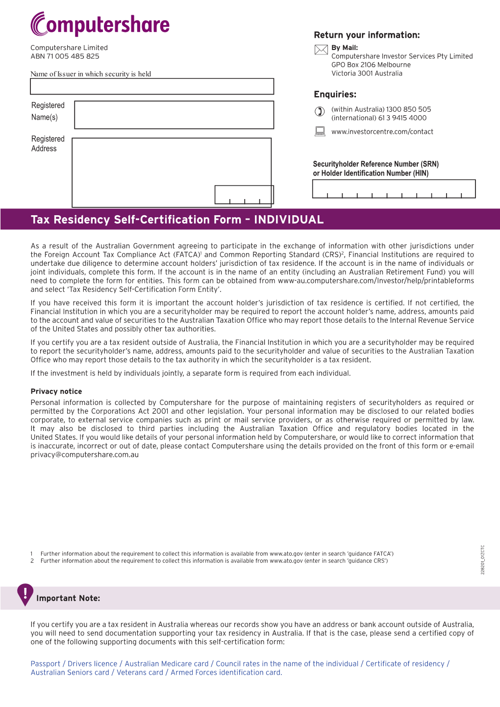 Tax Residency Self-Certification Form – INDIVIDUAL