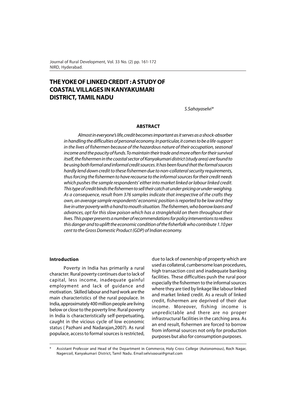 The Yoke of Linked Credit : a Study of Coastal Villages in Kanyakumari District, Tamil Nadu