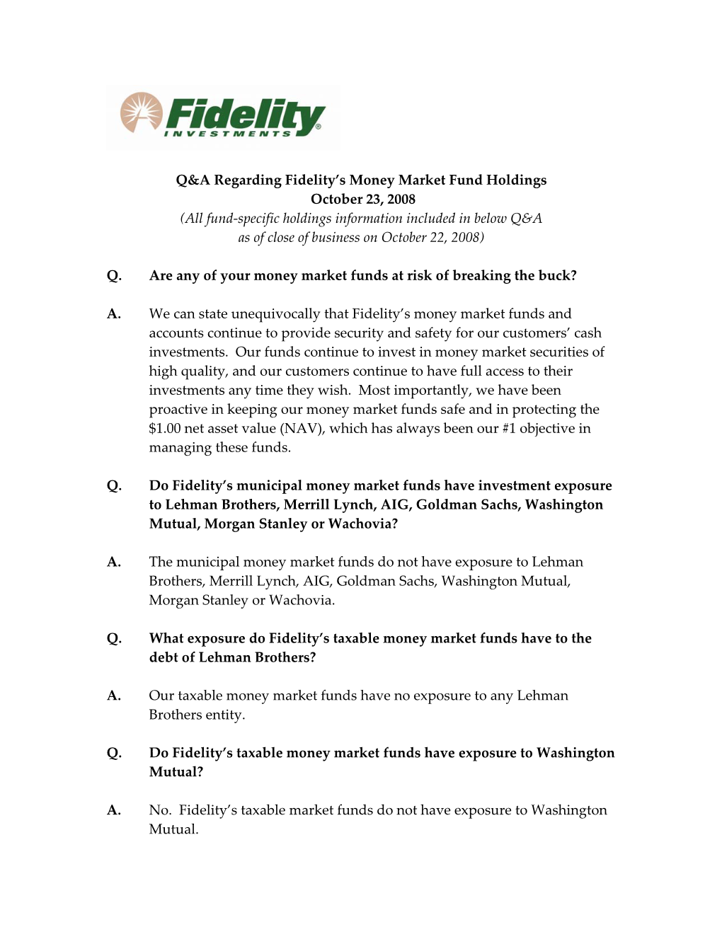 Q&A Regarding Fidelity's Money Market Fund Holdings October 23