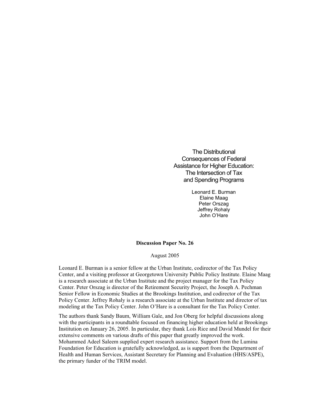 The Distributional Consequences of Federal Assistance for Higher Education: the Intersection of Tax and Spending Programs