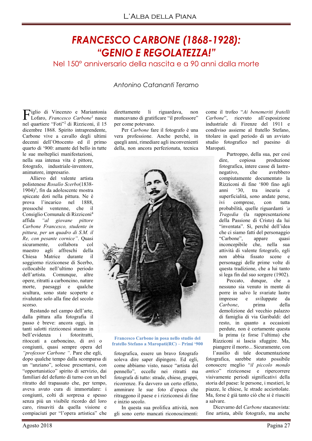 FRANCESCO CARBONE (1868-1928): “GENIO E REGOLATEZZA!” Nel 150° Anniversario Della Nascita E a 90 Anni Dalla Morte