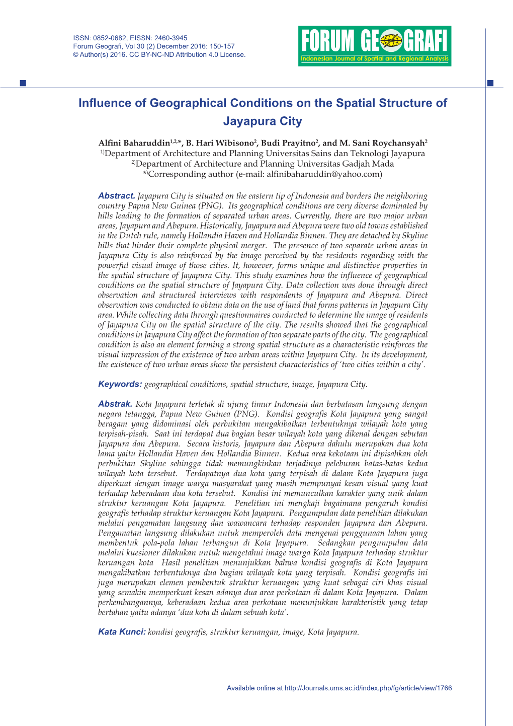 In.Uence of Geographical Conditions on the Spatial Structure of Jayapura