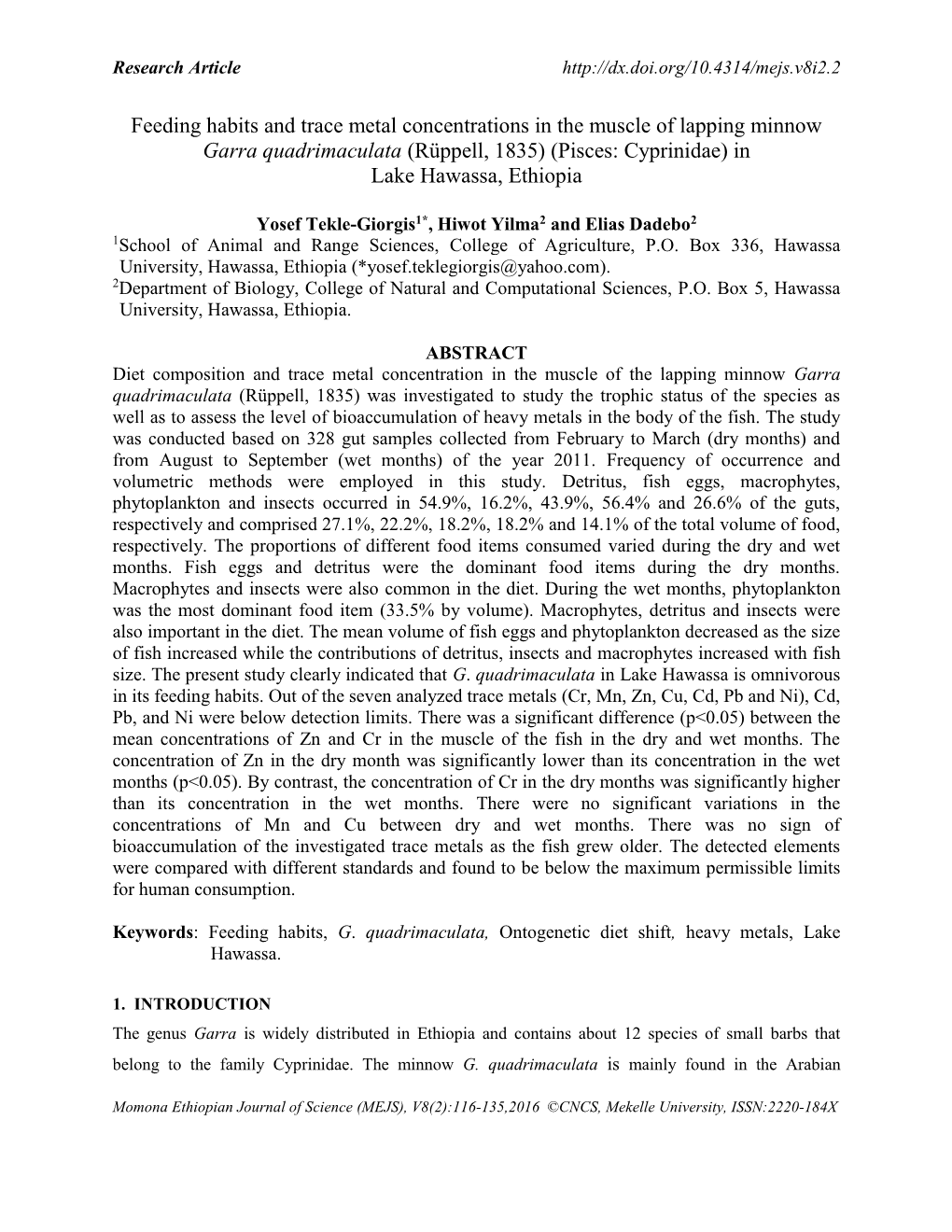 Feeding Habits and Trace Metal Concentrations in the Muscle of Lapping Minnow Garra Quadrimaculata (Rüppell, 1835) (Pisces: Cyprinidae) in Lake Hawassa, Ethiopia