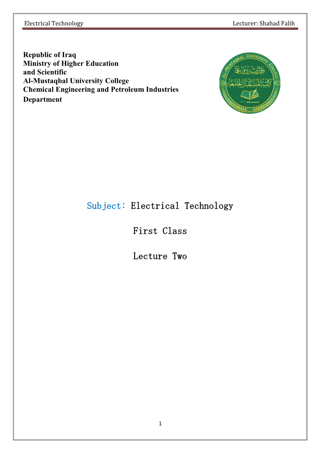 Subject: Electrical Technology First Class Lecture