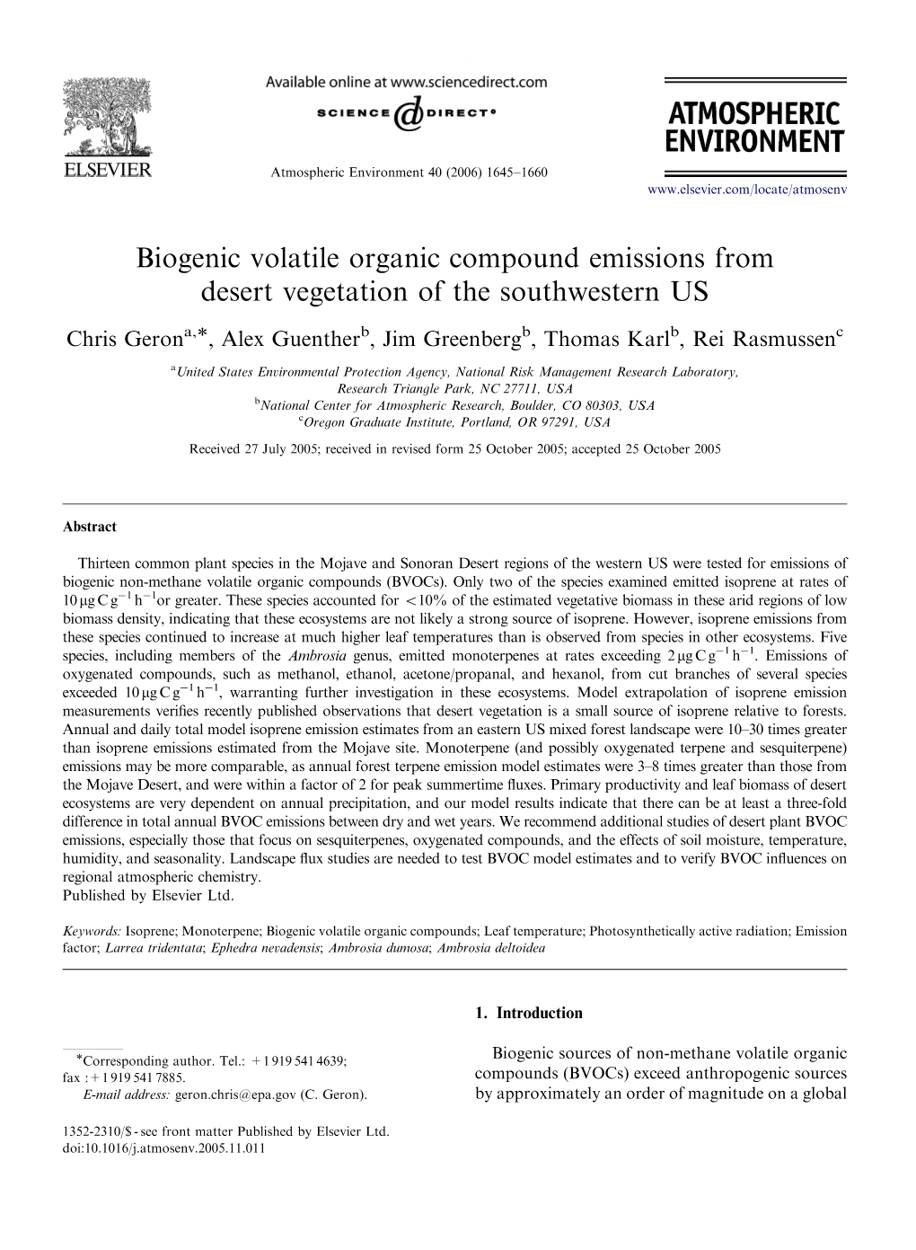 Biogenic Volatile Organic Compound Emissions from Desert Vegetation of the Southwestern US